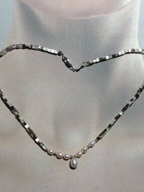 Square Box Mother of Pearl Beads and Freshwater Pearl Necklace